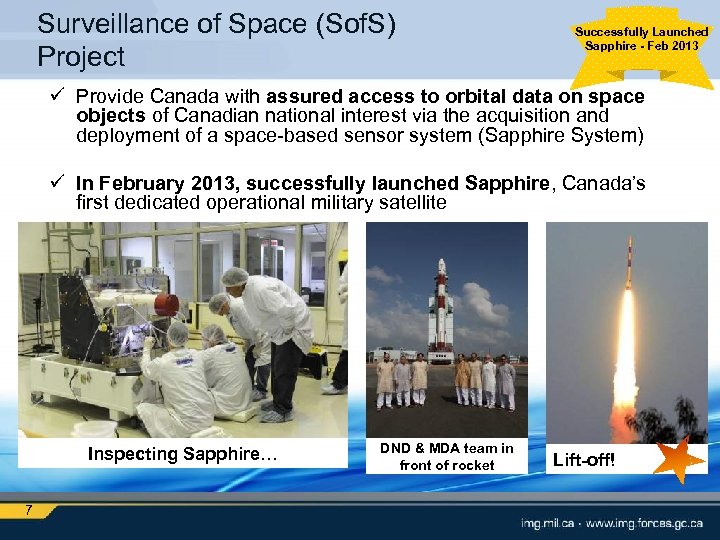 Surveillance of Space (Sof. S) Project Successfully Launched Sapphire - Feb 2013 ü Provide