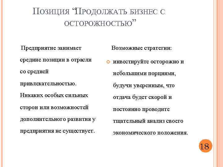ПОЗИЦИЯ “ПРОДОЛЖАТЬ БИЗНЕС С ОСТОРОЖНОСТЬЮ” Предприятие занимает средние позиции в отрасли Возможные стратегии: инвестируйте