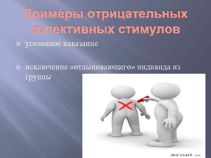 Примеры отрицательных селективных стимулов уголовное наказание исключение «отлынивающего» индивида из группы 