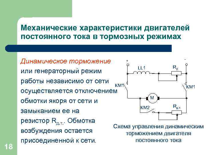 Механические характеристики двигателей постоянного тока в тормозных режимах 18 + Динамическое торможение Rр LL