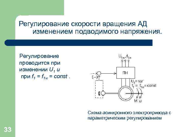 Регулирование скорости вращения АД изменением подводимого напряжения. Регулирование проводится при изменении U 1 и