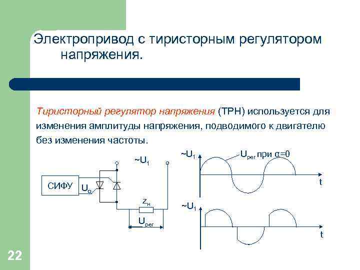 Электропривод с тиристорным регулятором напряжения. Тиристорный регулятор напряжения (ТРН) используется для изменения амплитуды напряжения,