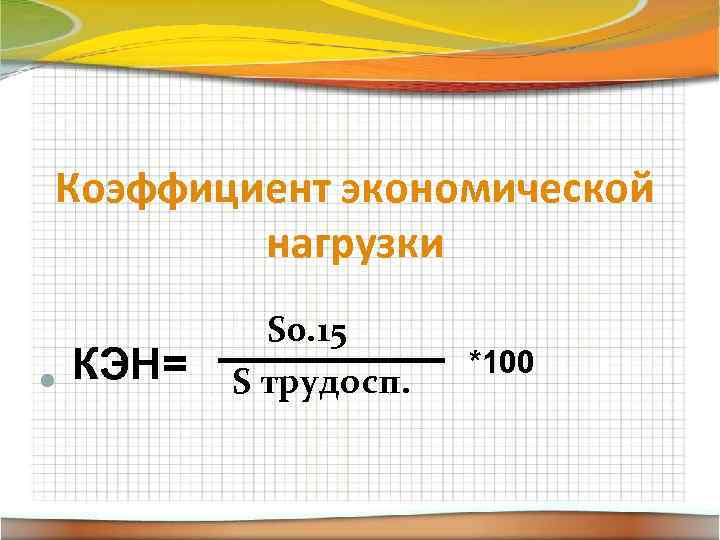 Коэффициент экономической нагрузки S 0. 15 *100 КЭН= S трудосп. 