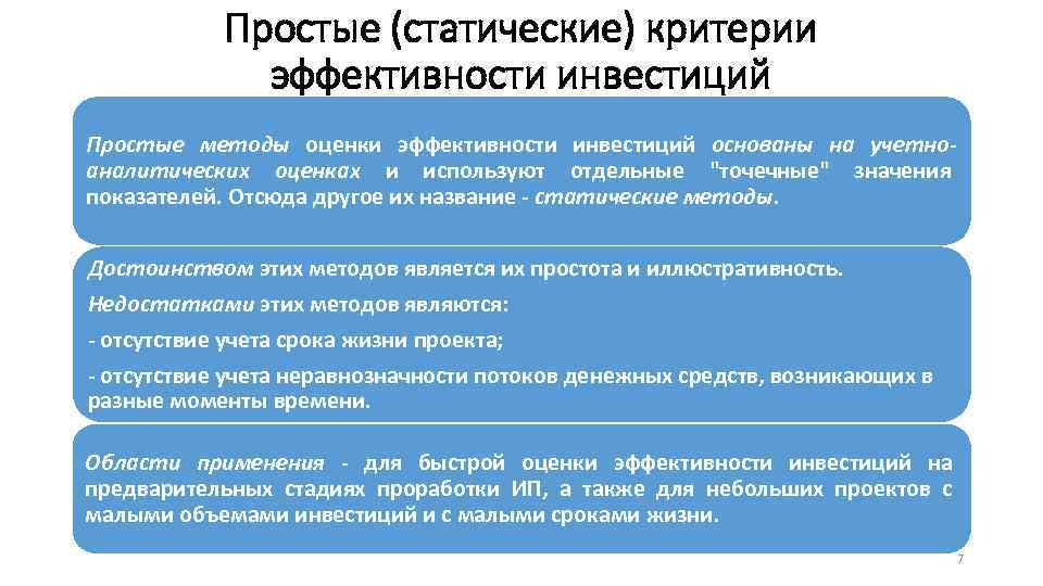 Простые (статические) критерии эффективности инвестиций Простые методы оценки эффективности инвестиций основаны на учетноаналитических оценках