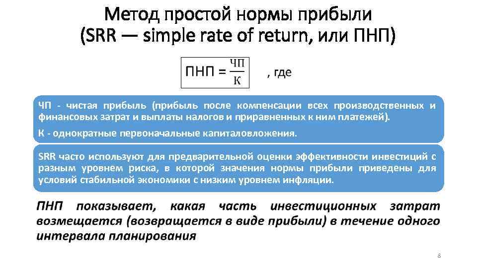 Метод простой нормы прибыли (SRR — simple rate of return, или ПНП) • ЧП