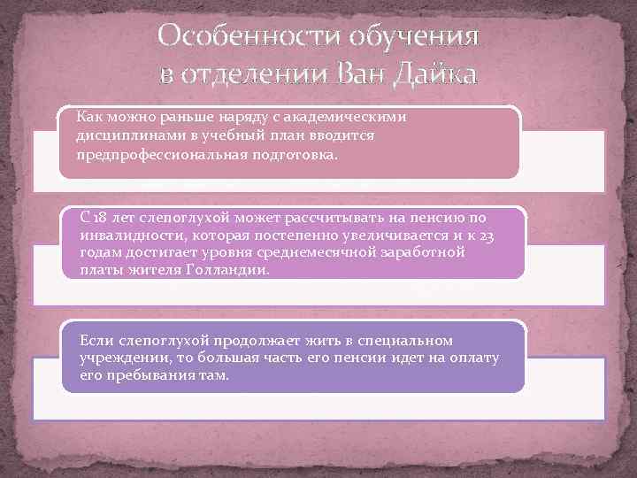 Особенности обучения в отделении Ван Дайка Как можно раньше наряду с академическими дисциплинами в