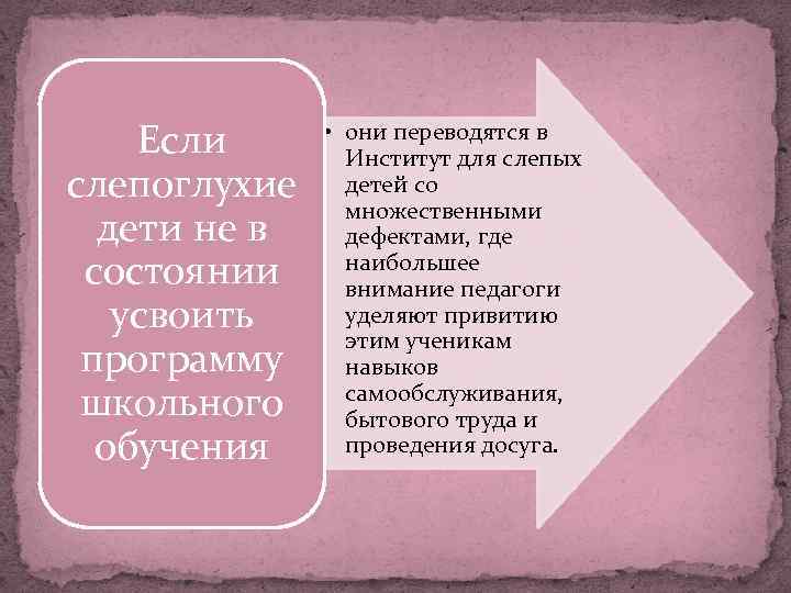 Если слепоглухие дети не в состоянии усвоить программу школьного обучения • они переводятся в