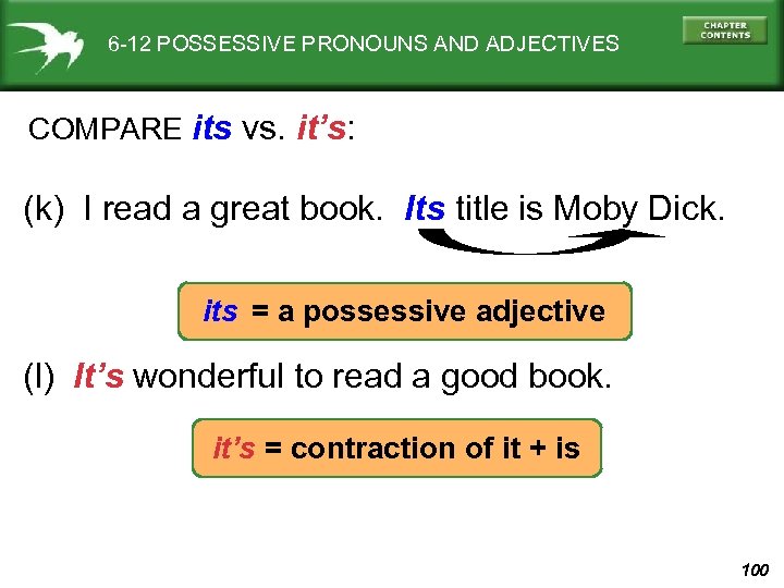6 -12 POSSESSIVE PRONOUNS AND ADJECTIVES COMPARE its vs. it’s: (k) I read a