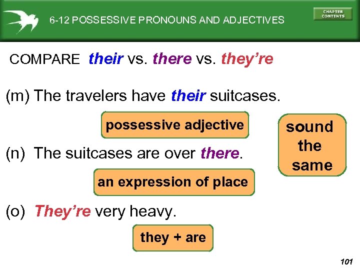 6 -12 POSSESSIVE PRONOUNS AND ADJECTIVES COMPARE their vs. there vs. they’re (m) The