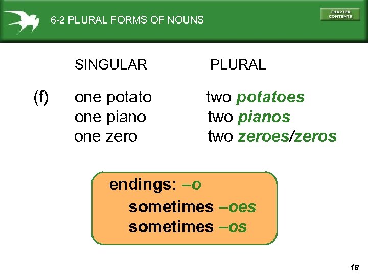 6 -2 PLURAL FORMS OF NOUNS SINGULAR (f) PLURAL one potato one piano one