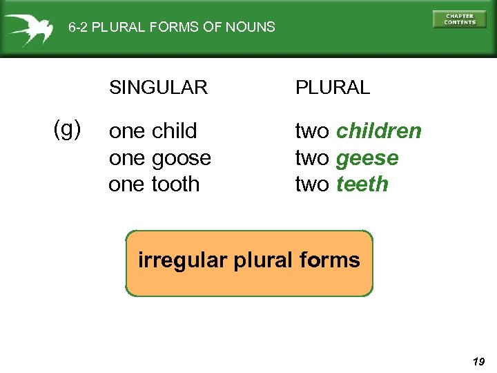 6 -2 PLURAL FORMS OF NOUNS SINGULAR (g) PLURAL one child one goose one