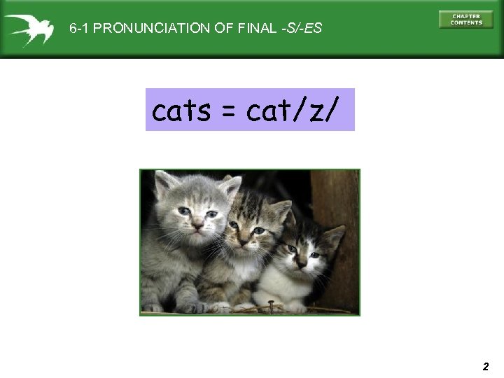6 -1 PRONUNCIATION OF FINAL -S/-ES cats = cat/z/ 2 