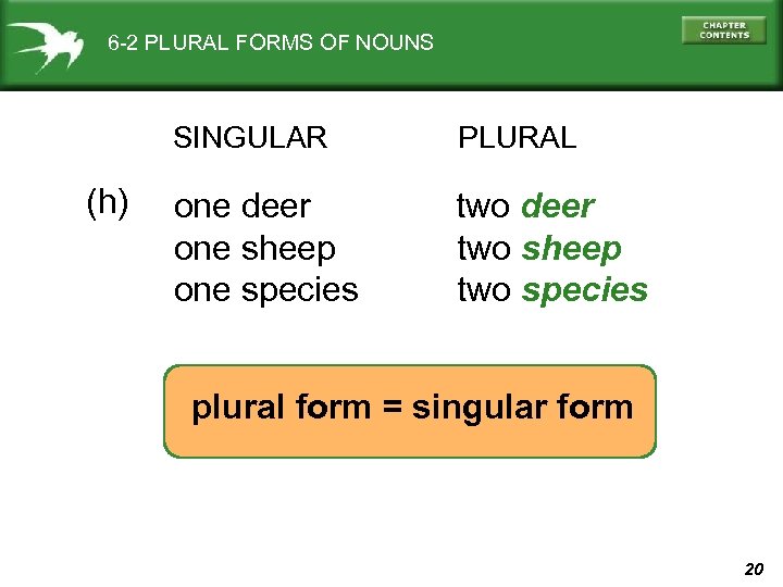 6 -2 PLURAL FORMS OF NOUNS SINGULAR (h) PLURAL one deer one sheep one