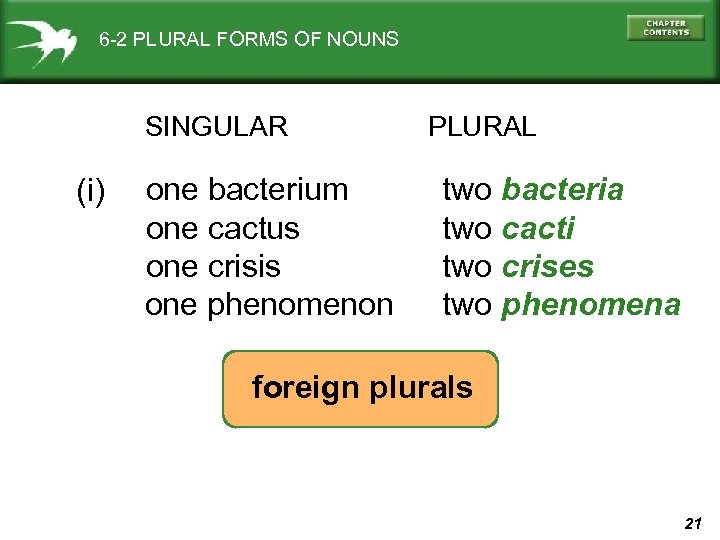 6 -2 PLURAL FORMS OF NOUNS SINGULAR (i) one bacterium one cactus one crisis