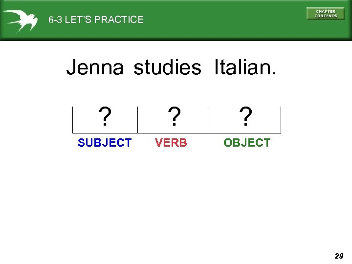 6 -3 LET’S PRACTICE Jenna studies Italian. ? SUBJECT ? VERB ? OBJECT 29