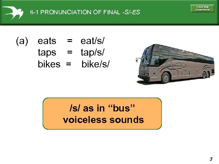 6 -1 PRONUNCIATION OF FINAL -S/-ES (a) eats = eat/s/ taps = tap/s/ bikes