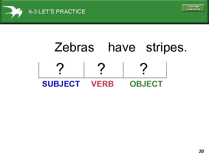 6 -3 LET’S PRACTICE Zebras have stripes. ? ? SUBJECT VERB ? OBJECT 30