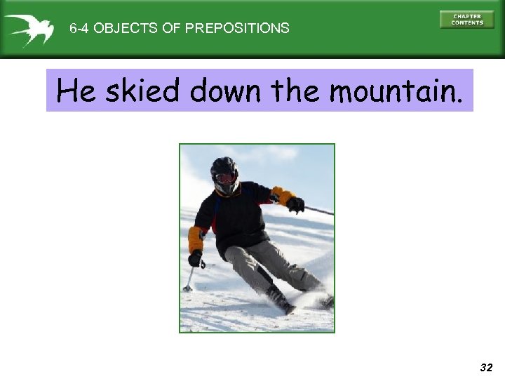 6 -4 OBJECTS OF PREPOSITIONS He skied down the mountain. 32 