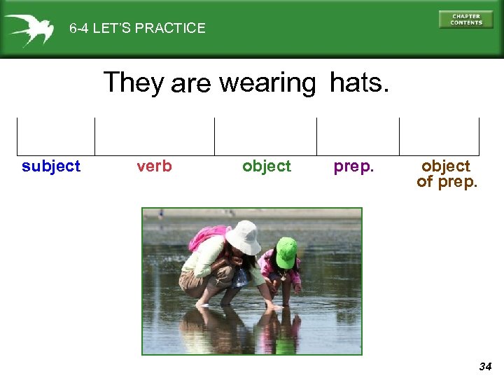 6 -4 LET’S PRACTICE They are wearing hats. subject verb object prep. object of