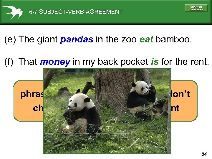 6 -7 SUBJECT-VERB AGREEMENT (e) The giant pandas in the zoo eat bamboo. (f)