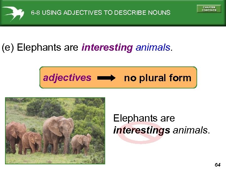 6 -8 USING ADJECTIVES TO DESCRIBE NOUNS (e) Elephants are interesting animals. adjectives no