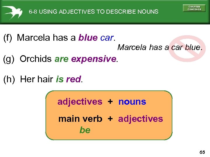 6 -8 USING ADJECTIVES TO DESCRIBE NOUNS (f) Marcela has a blue car. Marcela