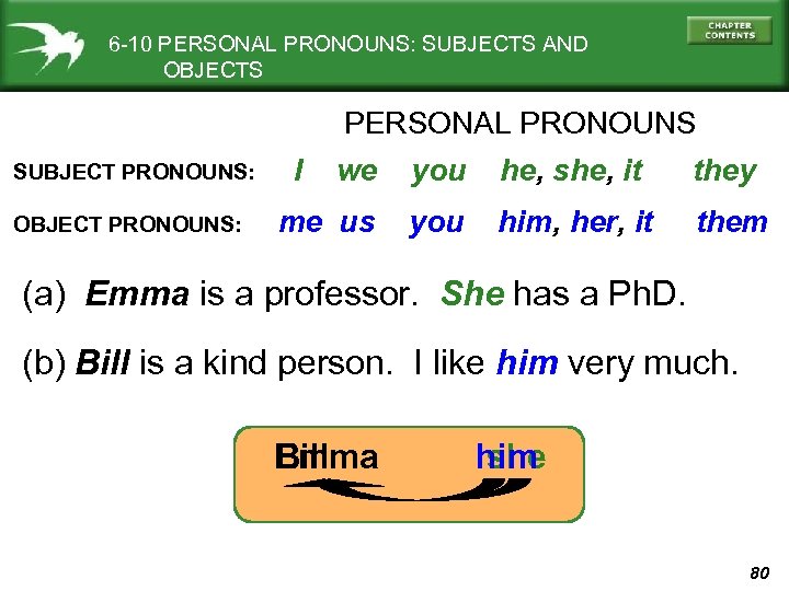 6 -10 PERSONAL PRONOUNS: SUBJECTS AND OBJECTS PERSONAL PRONOUNS SUBJECT PRONOUNS: OBJECT PRONOUNS: I