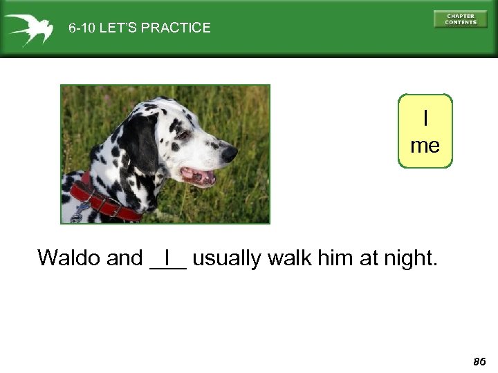 6 -10 LET’S PRACTICE I me Waldo and ___ usually walk him at night.