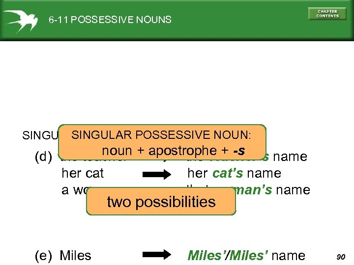 6 -11 POSSESSIVE NOUNS SINGULAR POSSESSIVE NOUN: SINGULAR noun + apostrophe + -s (d)