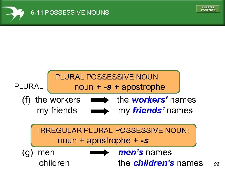 6 -11 POSSESSIVE NOUNS PLURAL POSSESSIVE NOUN: noun + -s + apostrophe (f) the