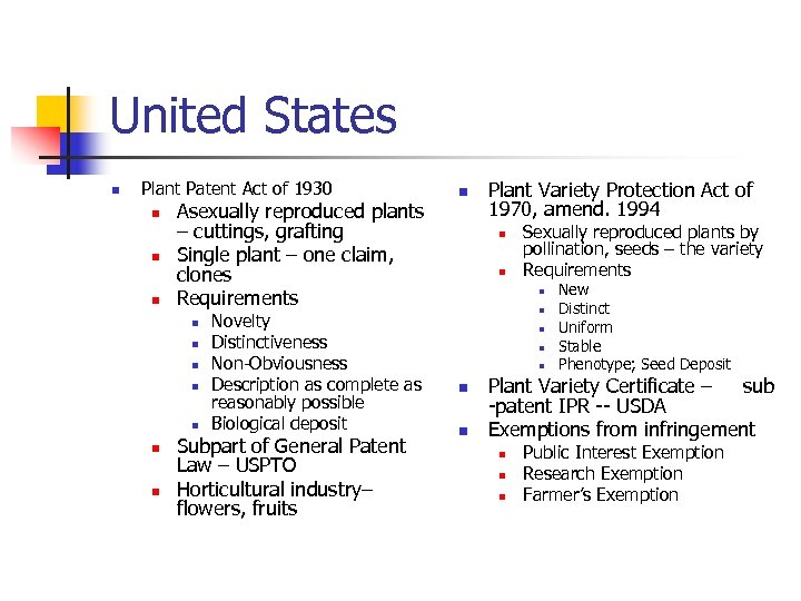 United States n Plant Patent Act of 1930 n n n Asexually reproduced plants