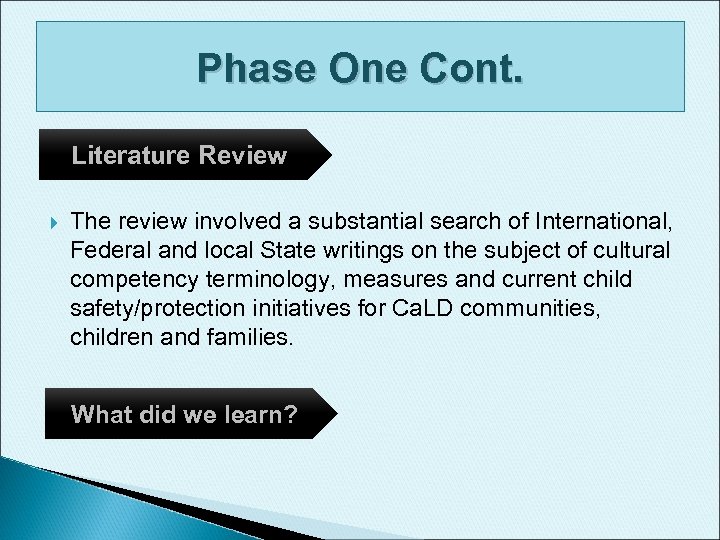 Phase One Cont. Literature Review The review involved a substantial search of International, Federal
