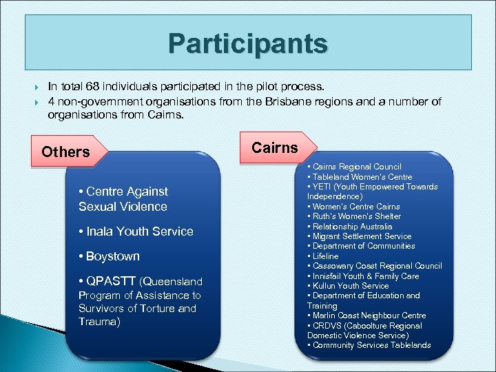 Participants In total 68 individuals participated in the pilot process. 4 non-government organisations from