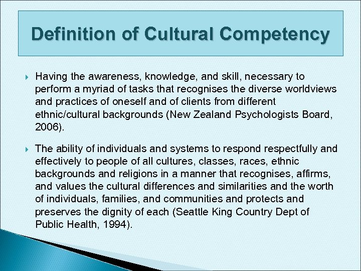 Definition of Cultural Competency Having the awareness, knowledge, and skill, necessary to perform a