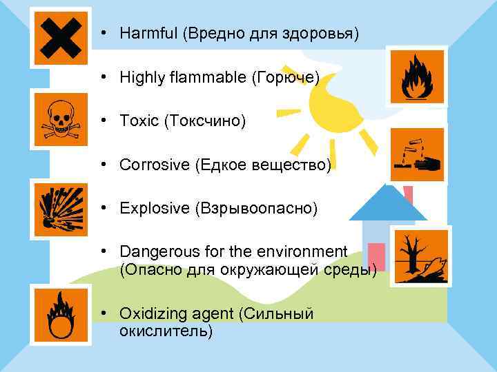  • Harmful (Вредно для здоровья) • Highly flammable (Горюче) • Toxic (Токсчино) •