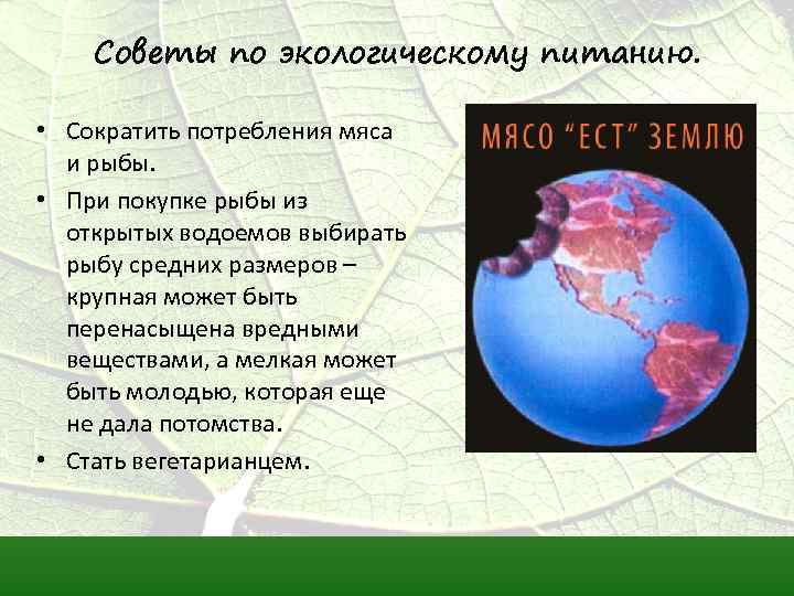 Советы по экологическому питанию. • Сократить потребления мяса и рыбы. • При покупке рыбы