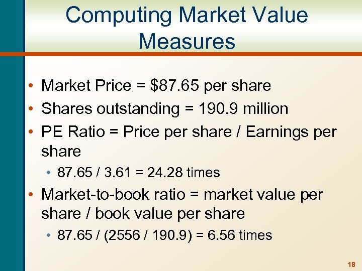 Computing Market Value Measures • Market Price = $87. 65 per share • Shares