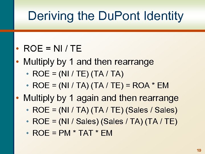 Deriving the Du. Pont Identity • ROE = NI / TE • Multiply by