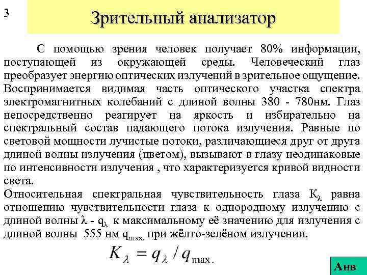 3 Зрительный анализатор С помощью зрения человек получает 80% информации, поступающей из окружающей среды.