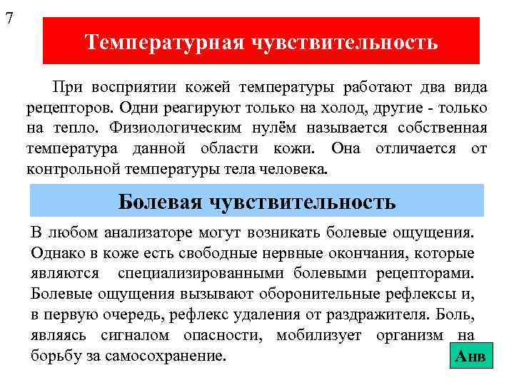 7 Температурная чувствительность При восприятии кожей температуры работают два вида рецепторов. Одни реагируют только