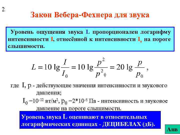 2 Закон Вебера-Фехнера для звука Уровень ощущения звука L пропорционален логарифму интенсивности I, отнесённой