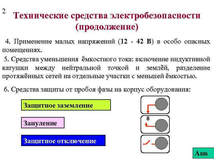 2 Технические средства электробезопасности (продолжение) 4. Применение малых напряжений (12 - 42 В) в