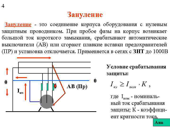 4 Зануление - это соединение корпуса оборудования с нулевым защитным проводником. При пробое фазы