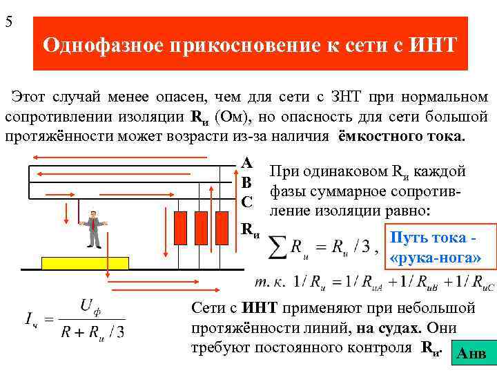 5 Однофазное прикосновение к сети с ИНТ Этот случай менее опасен, чем для сети