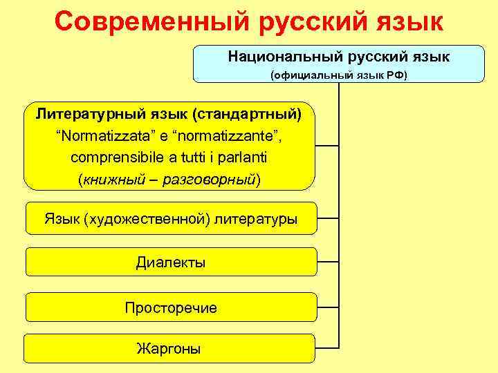 Современный русский язык Национальный русский язык (официальный язык РФ) Литературный язык (стандартный) “Normatizzata” e