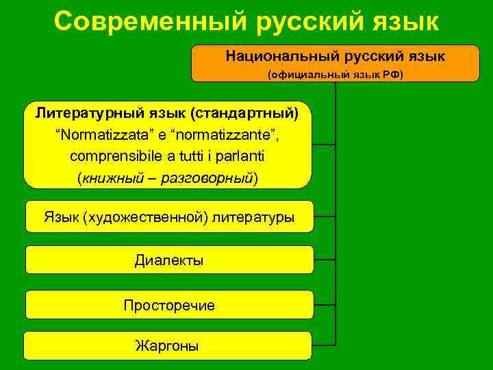 Современный русский язык Национальный русский язык (официальный язык РФ) Литературный язык (стандартный) “Normatizzata” e