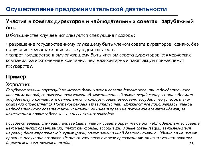 Осуществление предпринимательской деятельности Участие в советах директоров и наблюдательных советах - зарубежный опыт: В