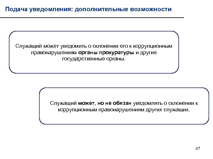 Подача уведомления: дополнительные возможности Служащий может уведомить о склонении его к коррупционным правонарушениям органы