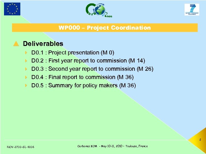 WP 000 – Project Coordination p Deliverables 4 4 4 D 0. 1 :