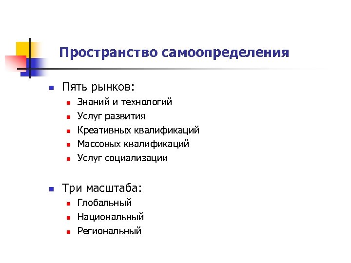 Пространство самоопределения n Пять рынков: n n n Знаний и технологий Услуг развития Креативных